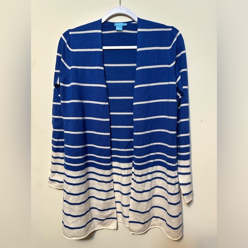 J Mclaughlin Womens Blue Striped Fathom‎ Merino Wool Cardigan Sweater Size Small